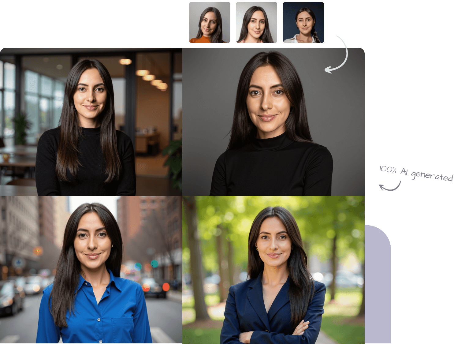 Before and after photos of a woman turned into AI headshots created by HeadshotPro