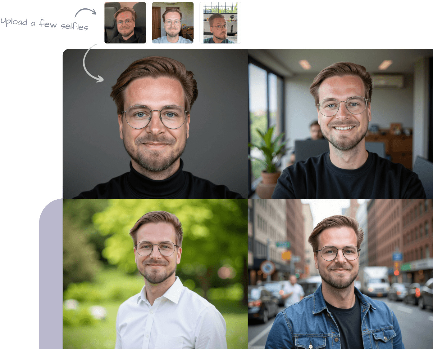 Before and after photos of a man turned into AI headshots created by HeadshotPro