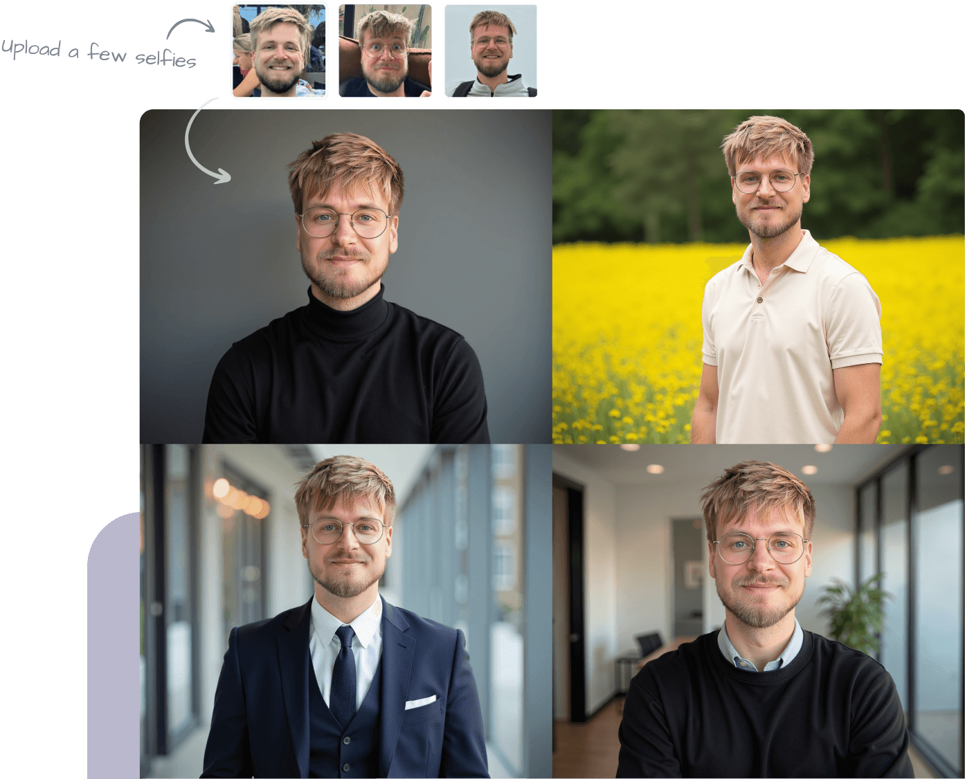 Before and after photos of a man turned into AI headshots created by HeadshotPro